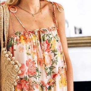 Zara Floral Tie-Shoulder Maxi Dress in Cream, Pink and Green